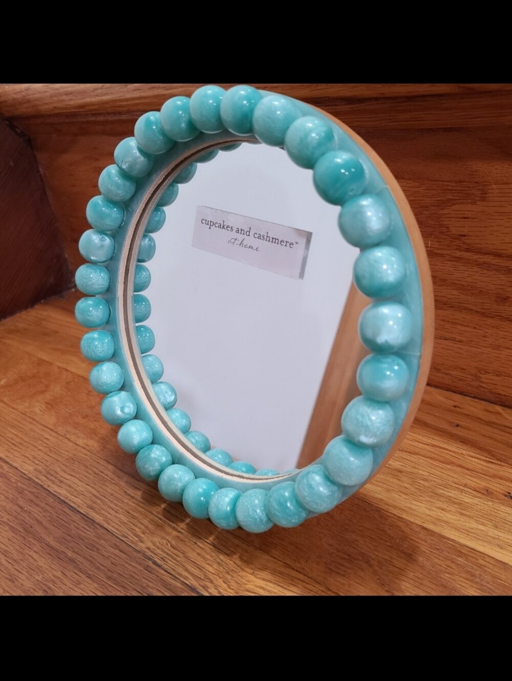 Round Turquoise blue aqua beaded tabletop desktop vanity standing mirror